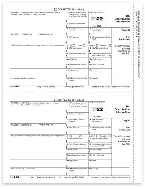 5498 Tax Forms for 2022. IRA Contribution Information. Official Participant Copy B Forms - DiscountTaxForms.com