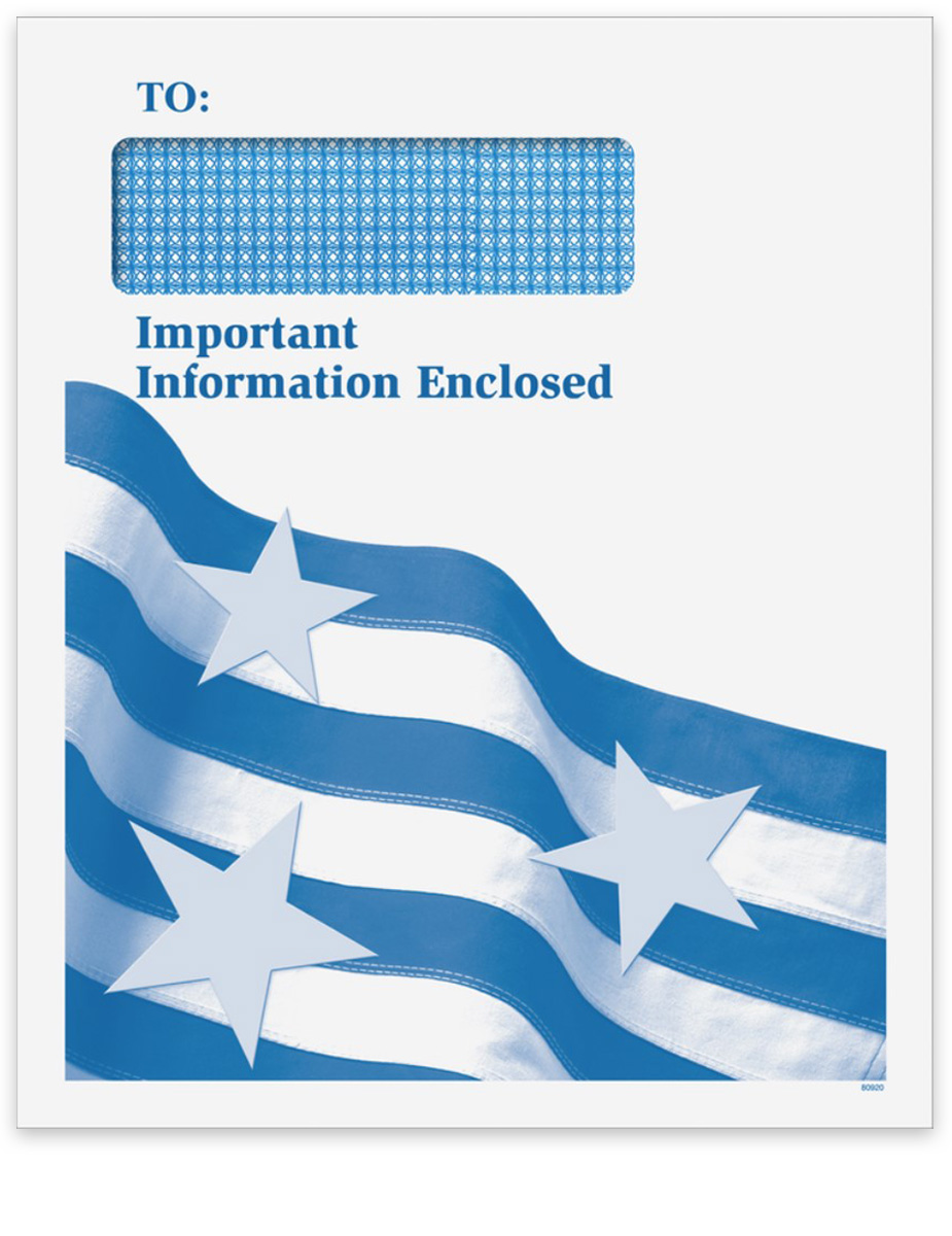 Large Single Window Envelope "Important Information Enclosed" with Stars and Stripes Design in Blue 80920 - DiscountTaxForms.com