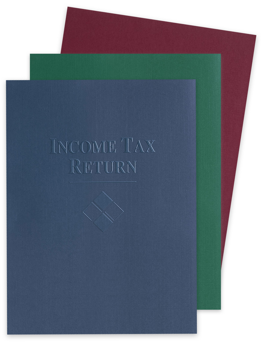 Embossed Income Tax Return Folder for Client Presentation, 9x12 with 2 Pockets, Blue, Green and Red Tax Folders at Discount Prices, No Coupon Needed - DiscountTaxForms.com