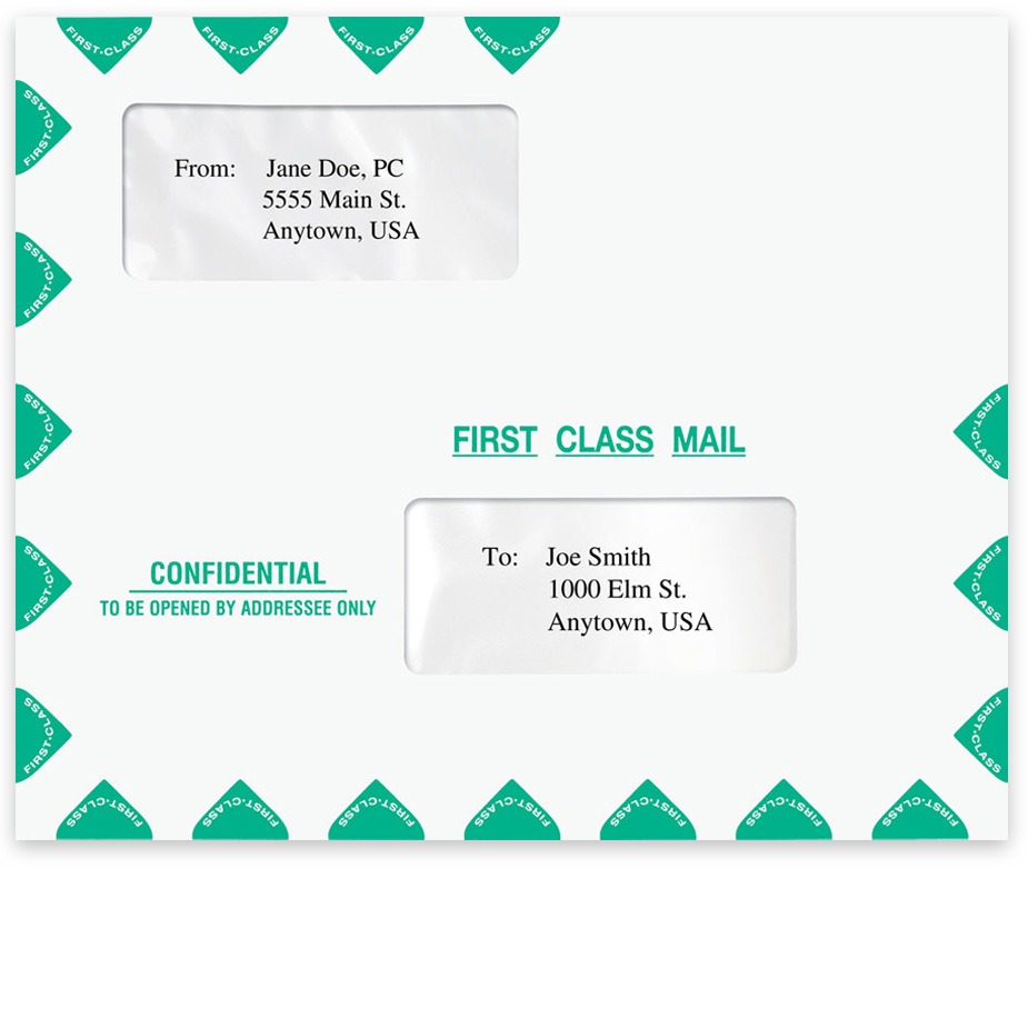 First Class Mail Envelope with Confidential Text on Front, Horizontal Landscape Style with 2 Windows - DiscountTaxForms.com