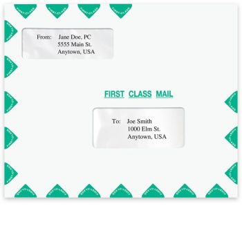 Landscape First Class Mail Envelope, Slightly Smaller Top Return Address Window. Green. 11-1/2" x 9-1/2" - DiscountTaxForms.com