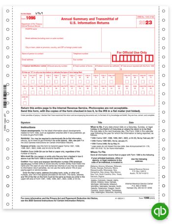 QuickBooks Compatible 1096 Summary Forms, Carbonless 2-pt, for 2023 1099 Filing - DiscountTaxForms.com