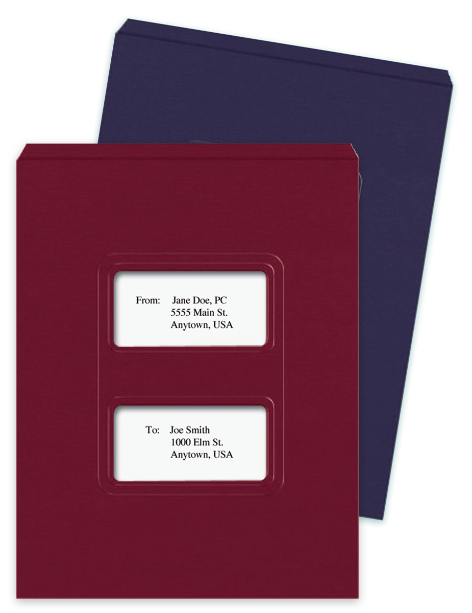 Tax Return Folder with 2 Large Windows, Top-Staple Tab and Pocket, Compatible with ProSeries and Lacerte Software, Dark Red Burgundy or Midnight Blue, Client Tax Covers at Discount Prices, No Coupon Code Needed - DiscountTaxForms.com