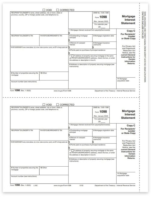 1098 Tax Forms, Lender / Recipient Copy C, Preprinted 1098 Forms - DiscountTaxForms.com
