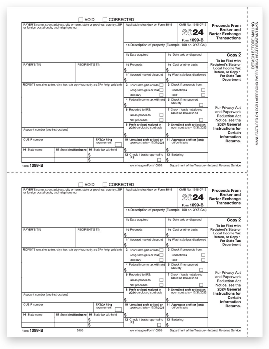 1099B Tax Forms for 2024, File or State Copy 2 Official 1099-B Form for Proceeds from Broker or Barter Exchange Transactions. Easy E-File Options - DiscountTaxForms.com