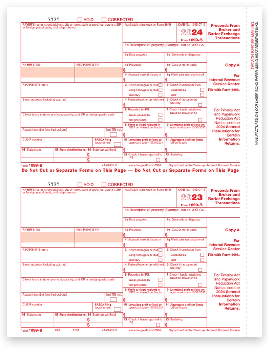 Order 1099B Tax Forms for 2024, IRS Copy A Official 1099-B Form for Proceeds from Broker or Barter Exchange Transactions. Easy Online E-Filing Options - DiscountTaxForms.com