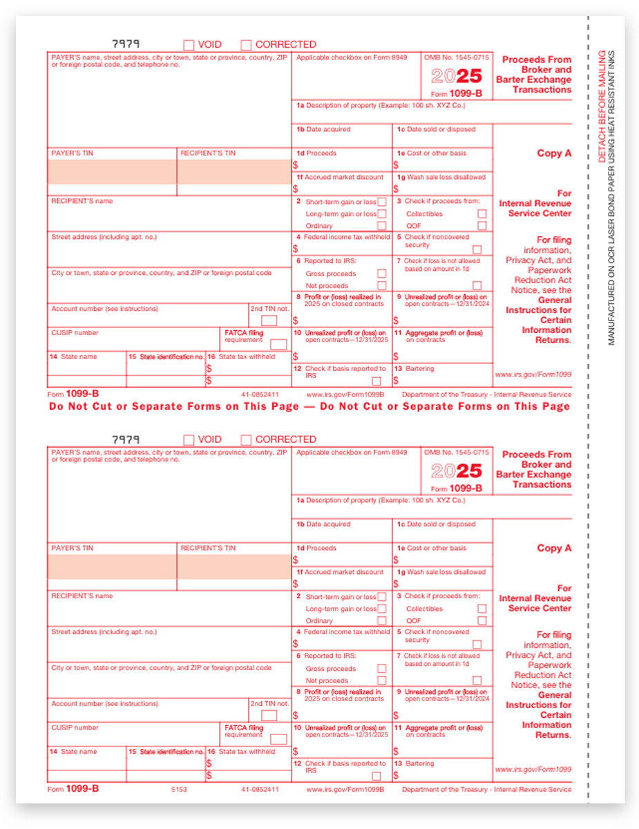 Order 1099B Tax Forms for 2025, IRS Copy A Official 1099-B Form for Proceeds from Broker or Barter Exchange Transactions. Easy Online E-Filing Options - DiscountTaxForms.com