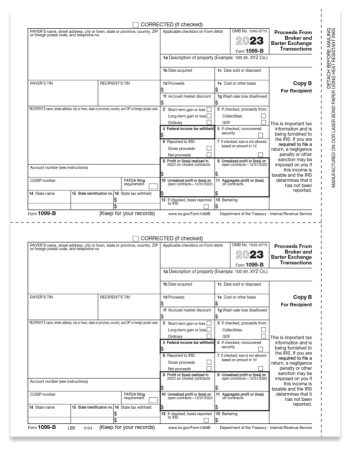 1099B Tax Forms for 2023, Recipient Copy B Official 1099-B Form for Proceeds from Broker or Barter Exchange Transactions - DiscountTaxForms.com