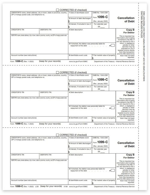 1099C Tax Forms for 2022, Debtor Copy B 1099-C Forms for Cancellation of Debt - DiscountTaxForms.com