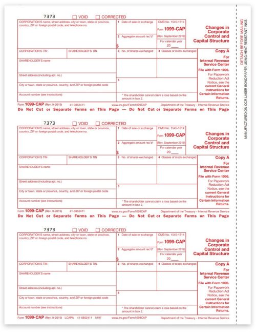 1099CAP Tax Forms for 2022, Official IRS Copy A Forms for Changes in Corporate Control or Capital Structure - DiscountTaxForms.com