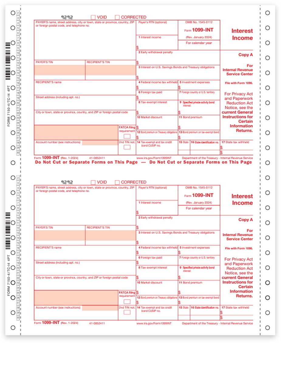 1099-INT Tax Forms, Carbonless Continuous 4-part format, Official 1099INT forms, envelopes and e-filing at big discounts, no coupon needed - DiscountTaxForms.com