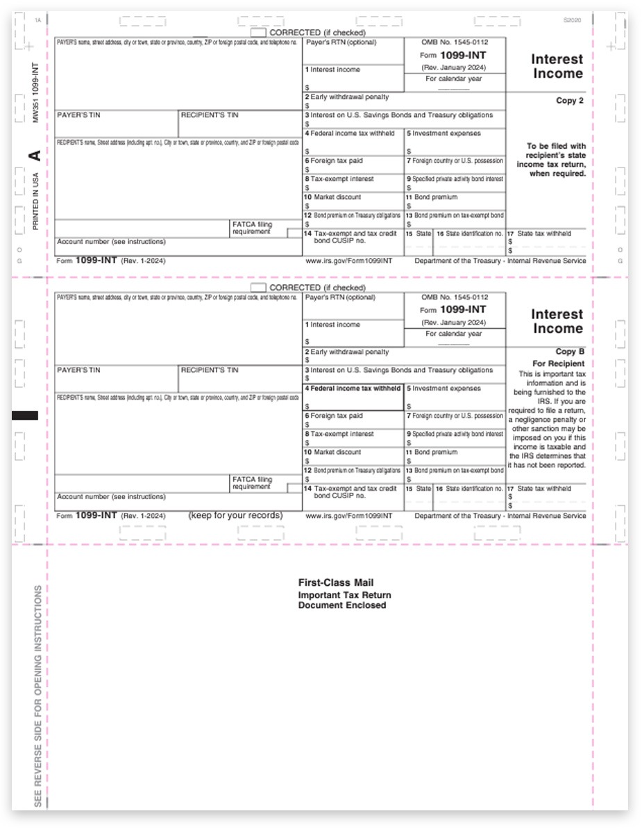 1099INT Pressure Seal Tax Forms, 11" Z-Fold, Recipient Copies B & 2 - DiscountTaxForms.com