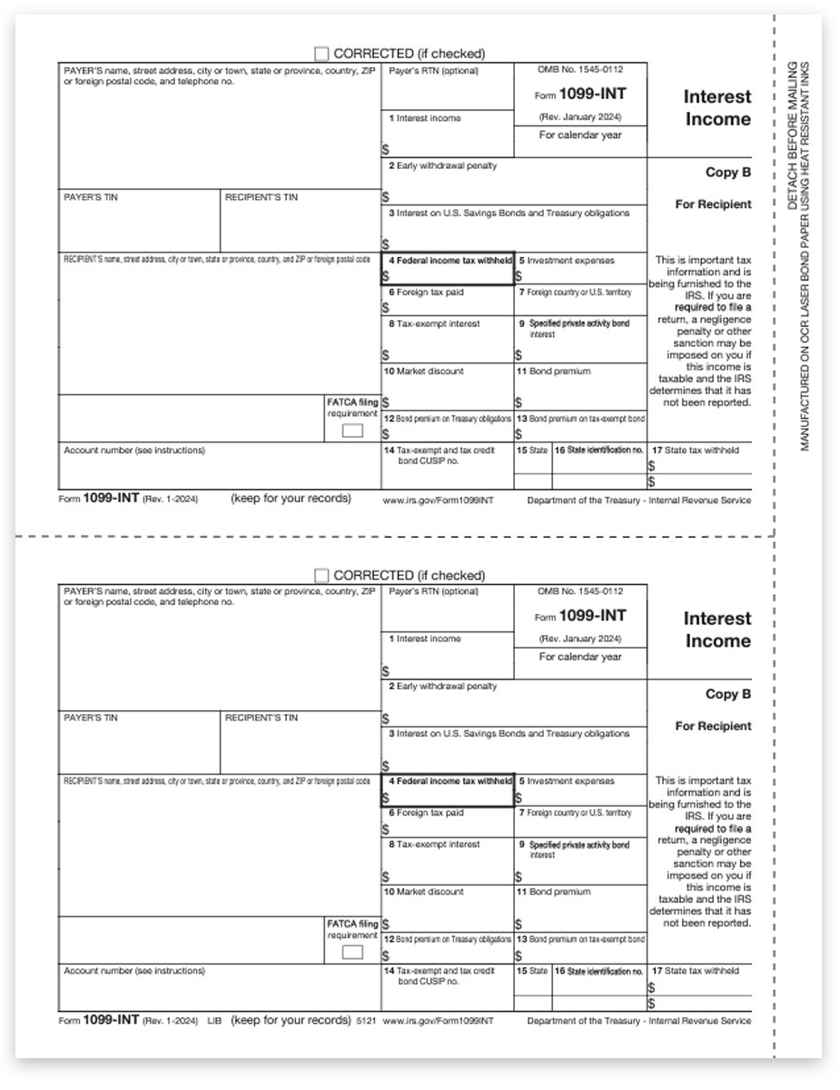 1099INT Tax Forms for Recipient, Copy B, Official Preprinted 1099-INT Forms and Online Efile Options at Big Discounts, No Coupon Needed - DiscountTaxForms.com