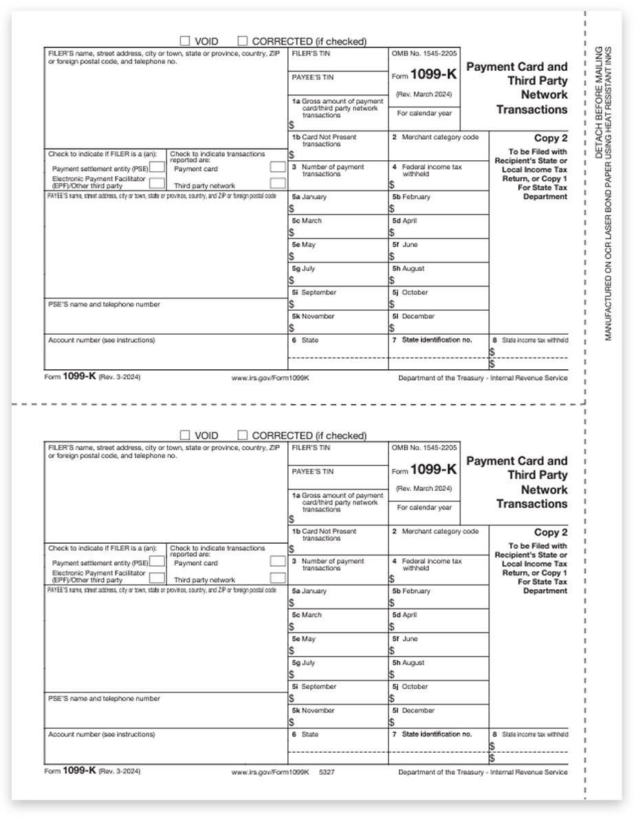 1099K Tax Forms, Copy 2 for Filer or State, Official 1099-K Forms for Payment Cards and Third Party Transactions - DiscountTaxForms.com