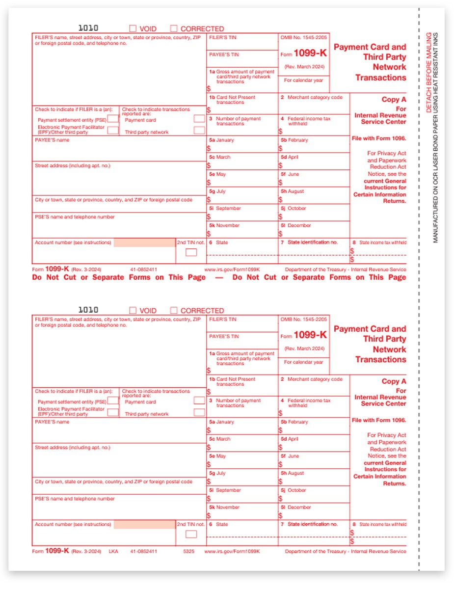 1099K Tax Forms Copy A for IRS, Official 1099-K Forms for Payment Cards and Third Party Transactions and E-Filing Options - DiscountTaxForms.com