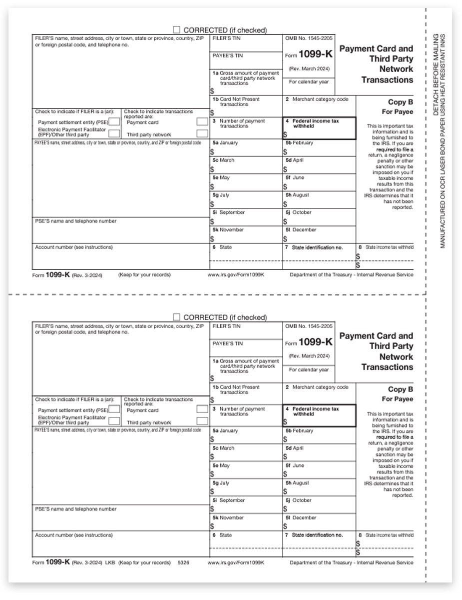 1099K Tax Forms, Copy B for Payee, Official 1099-K Forms for Payment Cards and Third Party Transactions. Plus Envelopes and Easy E-File Options - DiscountTaxForms.com