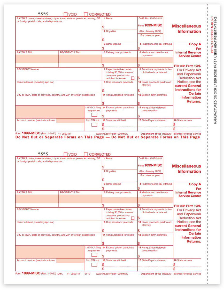 1099MISC Tax Forms, Copy A for IRS Federal Filing, Official Red-Scannable Preprinted 1099-MISC forms - DiscountTaxForms.com