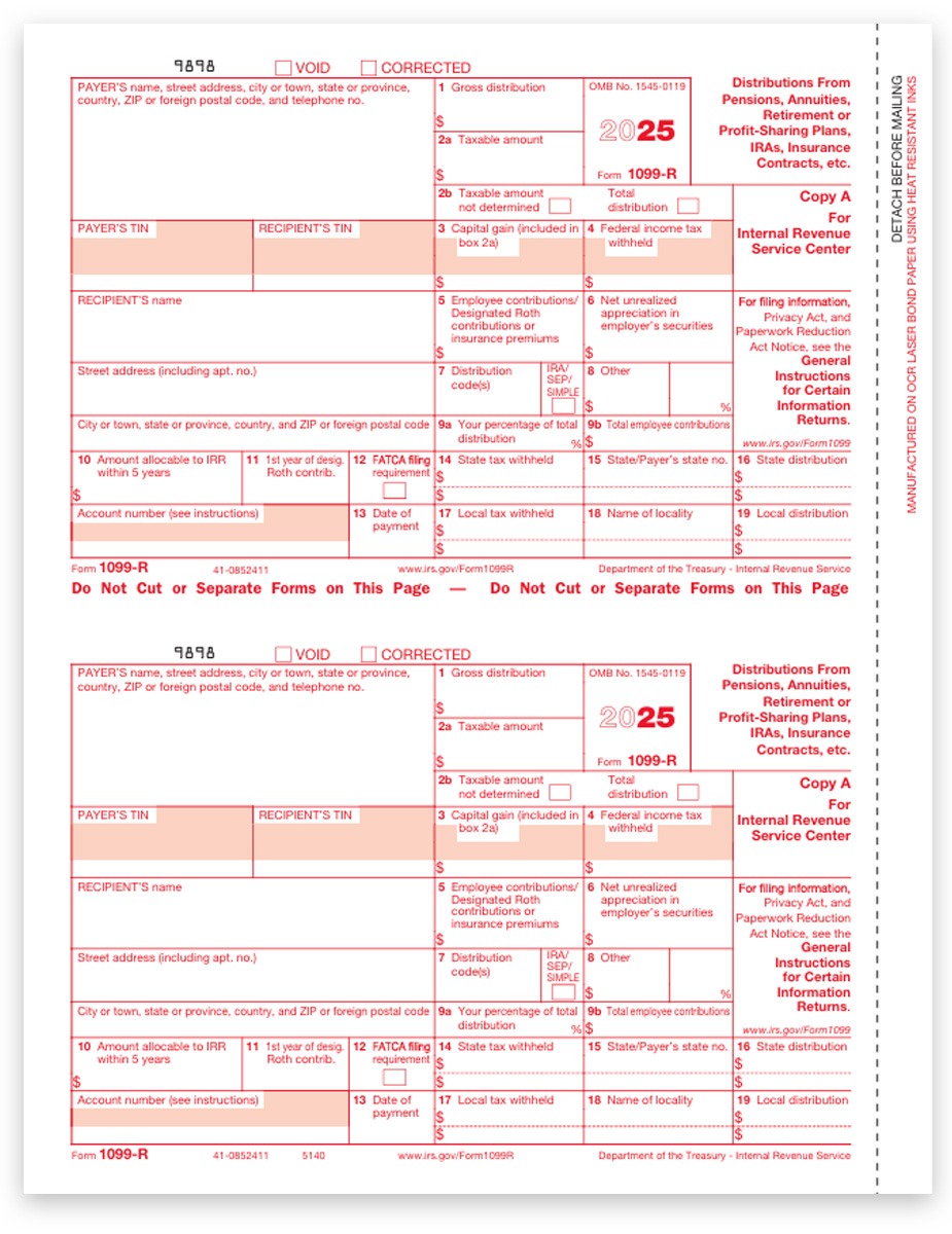 Order 1099R Tax Forms for 2025, Copy A IRS Federal Filing, Official Red-Scannable 1099-R Forms, Easy Efile Options - DiscountTaxForms.com
