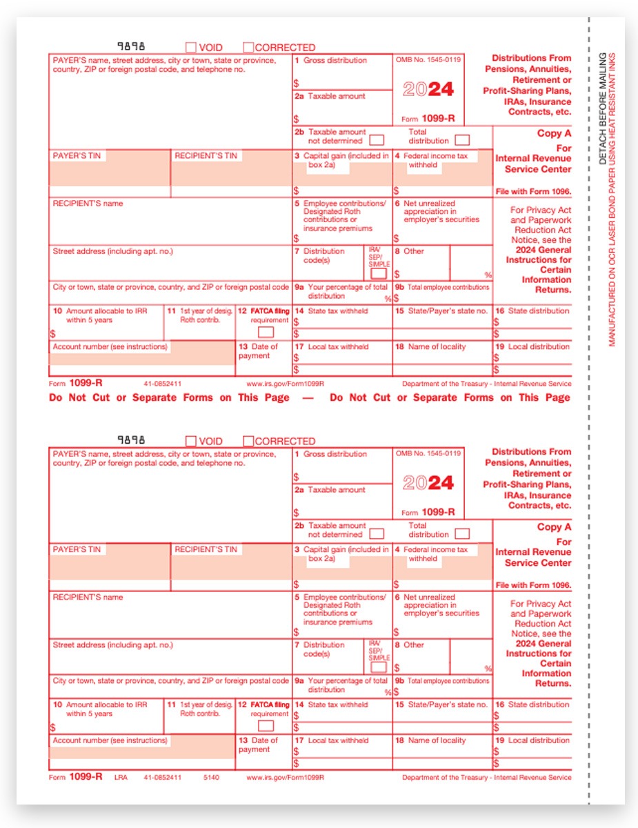 Order 1099R Tax Forms for 2024, Copy A IRS Federal Filing, Official Red-Scannable 1099-R Forms, Easy Efile Options - DiscountTaxForms.com