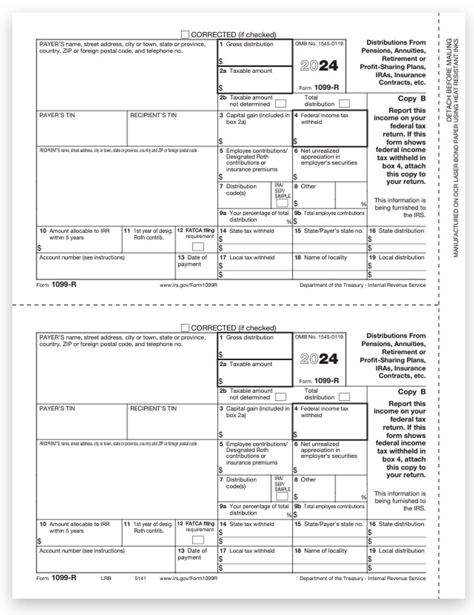 Order 1099R Tax Forms for 2024, Copy B Recipient Federal Filing. Official 1099-R Forms, Easy Efile Options at Big Discounts, No Coupon Code Needed - DiscountTaxForms.com