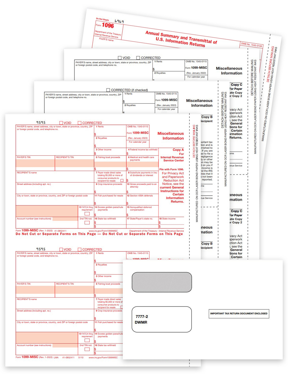 1099MISC Tax Form & Envelope Sets for 2023 with Recipient and Payer Copies, Security Envelopes and 1096 Forms. New Efile rules for 2023 - DiscountTaxForms.com