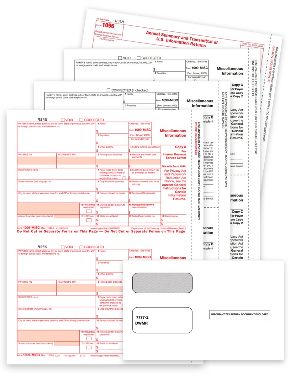 1099MISC Tax Form & Envelope Sets with Recipient and Payer Copies, Security Envelopes and 1096 Forms. Big Discounts, No Coupon Needed - DiscountTaxForms.com