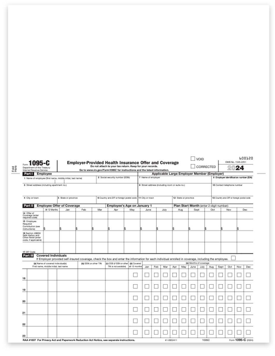 ACA Form 1095C for Health Insurance Reporting by Employers with 50+ Employees for 2024. ComplyRight or Laser Link Software Compatible - DiscountTaxForms.com