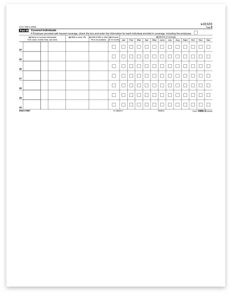 ACA Form 1095C Continuation for Additional Dependents on main 1095-C form for Health Insurance Reporting. ComplyRight or Laser Link Software Compatible - DiscountTaxForms.com