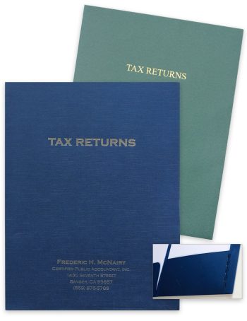 Custom Foil Stamping on Tax Return Folders with Expanding Spine and Pockets, Logos and Business Info Foil Stamped for CPAs and Accountants - DiscountTaxForms.com