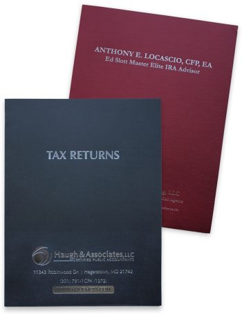 Foil Stamped, Custom Tax Return Folders with Logos and Business Info for CPAs and Accountants - DiscountTaxForms.com