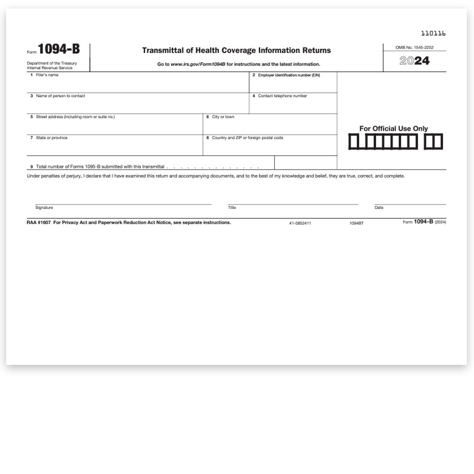 1094B Form for Transmittal of 1095B ACA Forms to the IRS for 2024 tax year - DiscountTaxForms.com