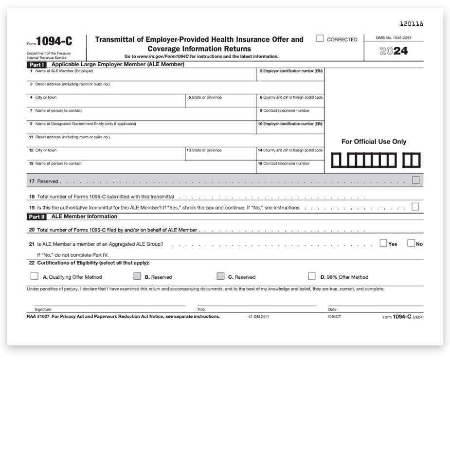 1094C Transmittal Form for 1095C ACA Form Filing with the IRS - DiscountTaxForms.com