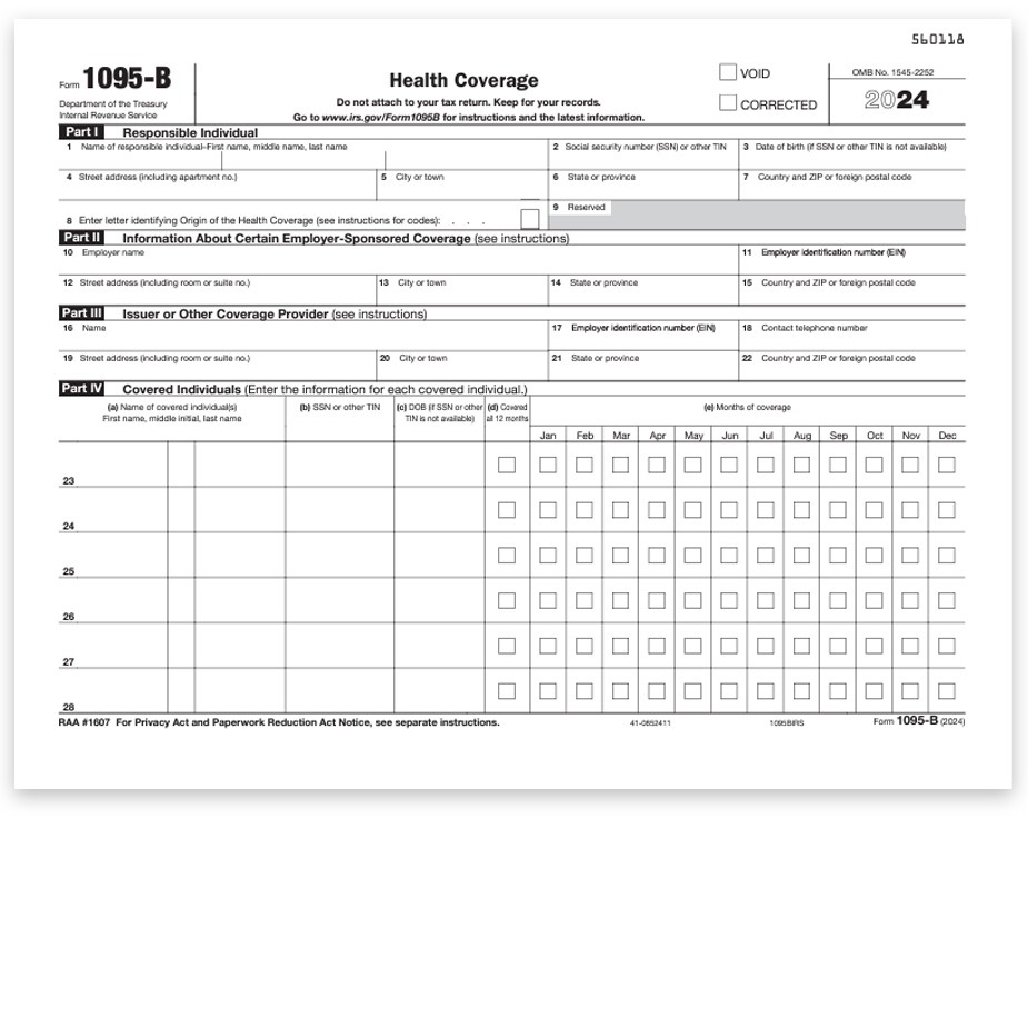 Form 1095B for ACA Healthcare Insurance Reporting to the IRS in 2024, Half Sheet IRS Version - DiscountTaxForms.com