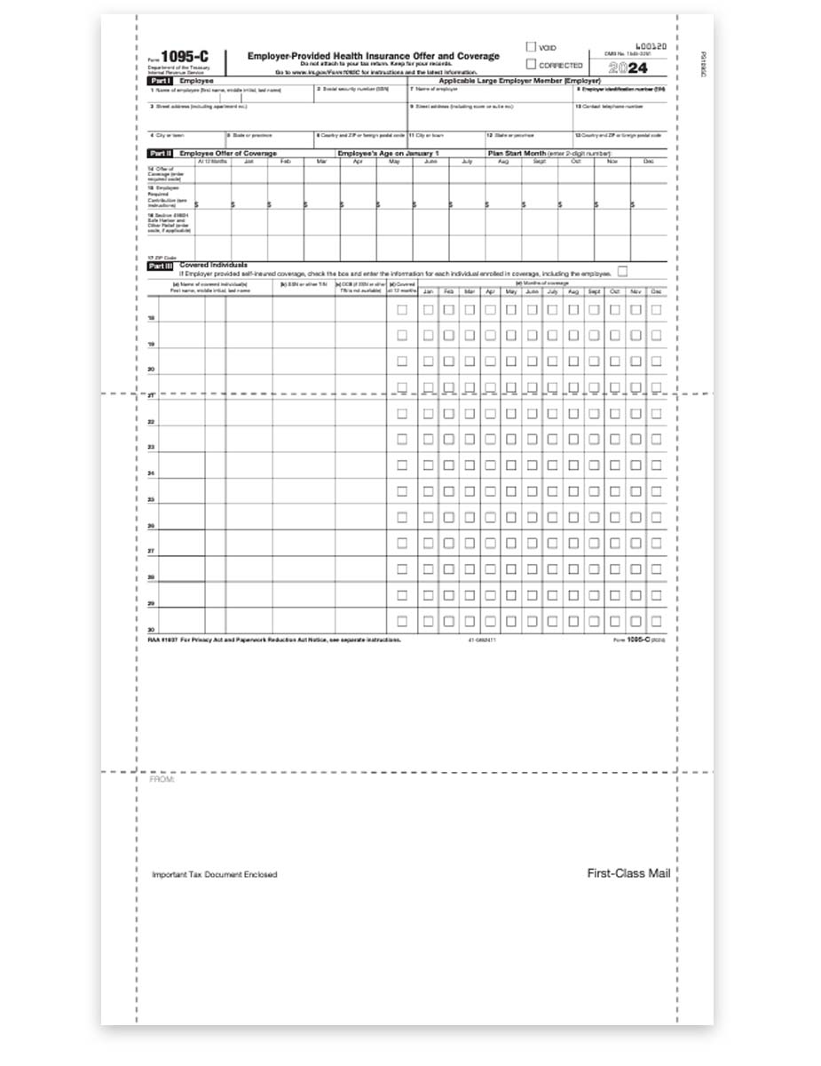 ACA 1095C Pressure Seal Forms for Health Insurance Reporting 14" EZ Fold Format for 2024 Tax Reporting - DiscountTaxForms.com