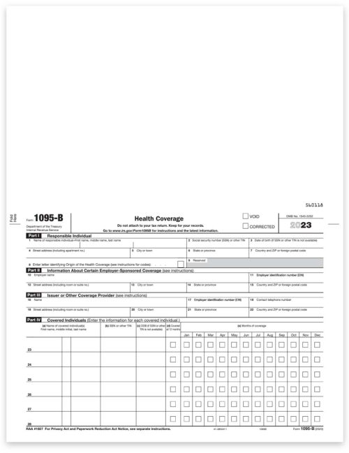 1095B Form for ACA Health Care Coverage Reporting for Self-Insured Employers in 2023, Full Sheet Format for ComplyRight Software - DiscountTaxForms.com