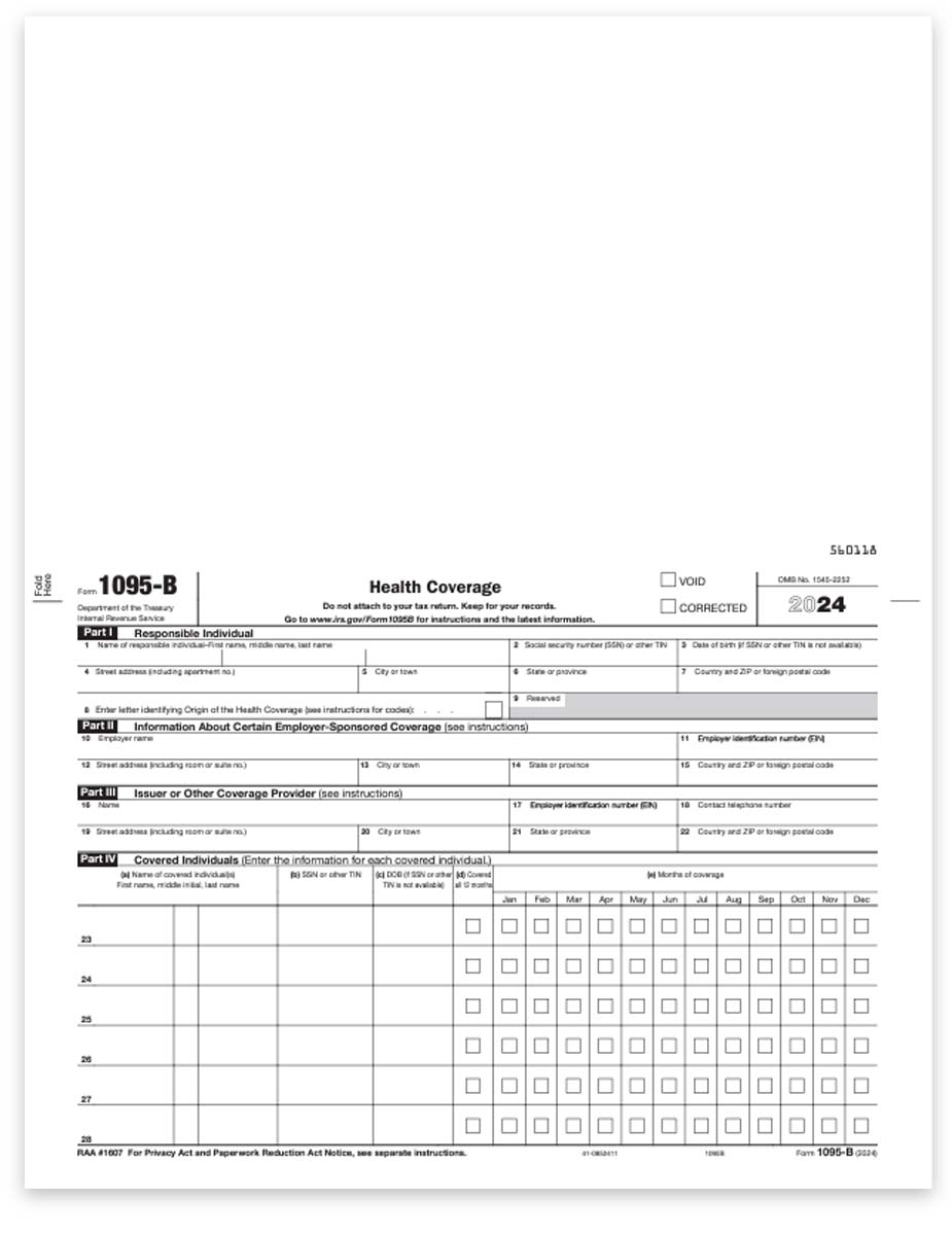 1095B Form for ACA Health Care Coverage Reporting for Self-Insured Employers in 2024, Full Sheet Format for ComplyRight Software - DiscountTaxForms.com