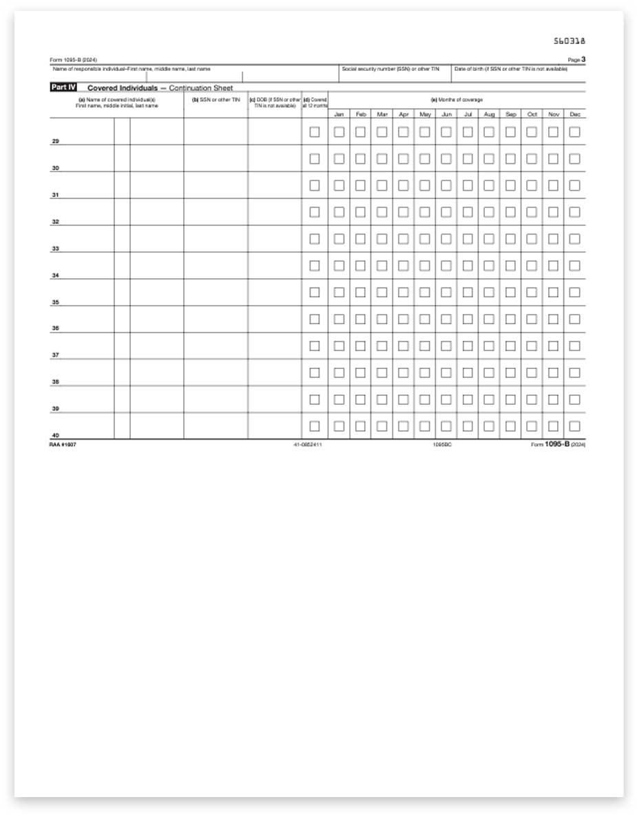 1095B Continuation Form for ACA Health Care Coverage Reporting in 2024 for Self-Insured Employers, Full Sheet Format for ComplyRight Software - DiscountTaxForms.com