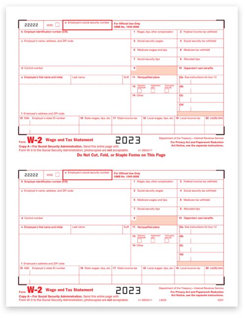 2023 W2 Tax Form Copy A for Employer Federal Filing with SSA, Red Scannable Ink, Official W2 Federal Tax Form. New E-File Requirement Changes May Apply - DiscountTaxForms.com