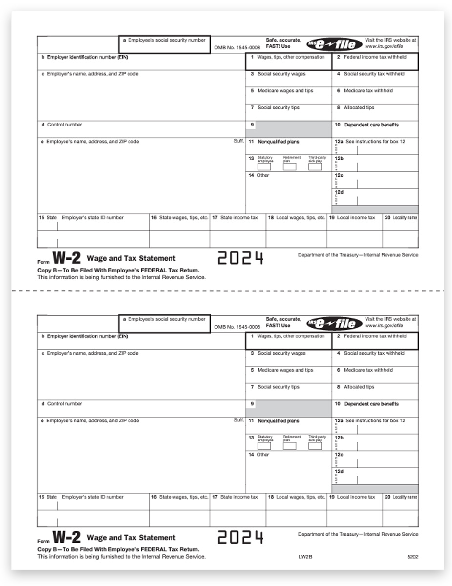 W2 Tax Form Copy B for 2024 Employee Federal Filing, 2up Preprinted Official W-2 Forms at Big Discounts, No Coupon Code Needed. Online W2 Filing Options for Employees - DiscountTaxForms.com