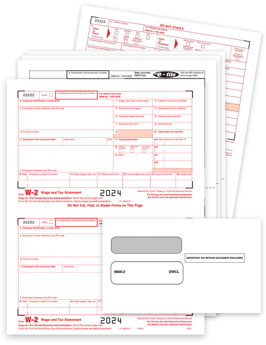 2024 W2 Tax Form & Envelope Sets, Official Preprinted W2 Forms with Security Window Envelopes "Important Information Enclosed". Easy online W2 efiling options - DiscountTaxForms.com