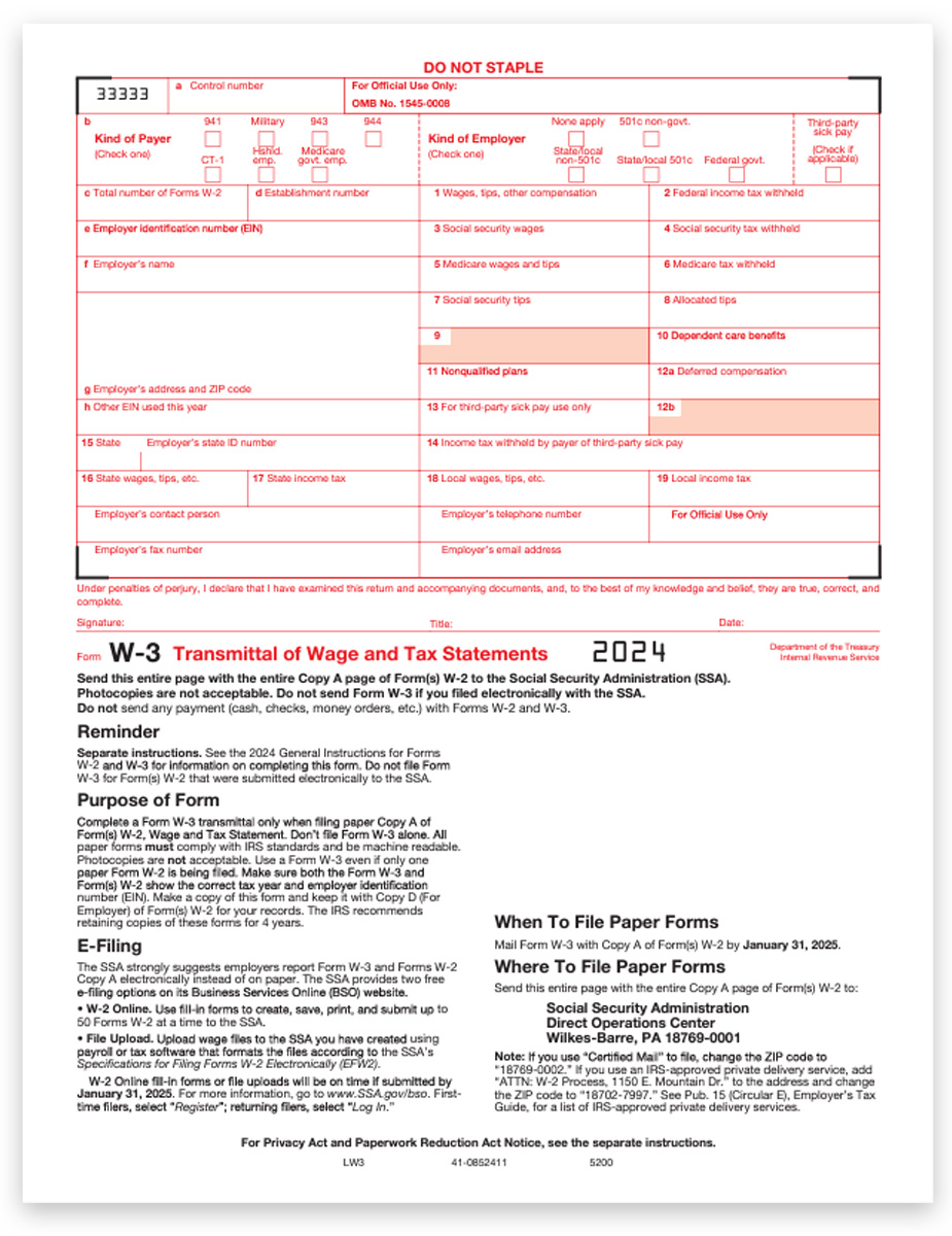 2024 W3 Forms for Transmittal of W2 Copy A Forms to the SSA by Employers, Red Scannable Official Preprinted W-3 Forms - DiscountTaxForms.com