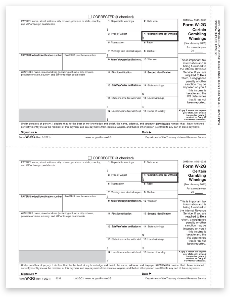 Order W2G Tax Form Copy C2 for Gambling Winnings, Dateless W2G Form - DiscountTaxForms.com