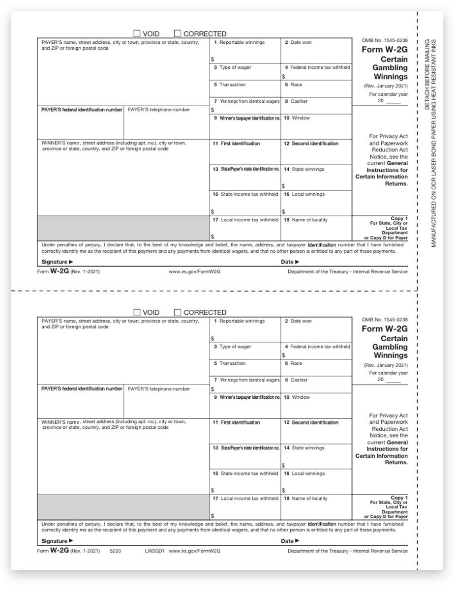 Order W2G Tax Form Copy 1-D Dateless Form for Gambling Winnings - DiscountTaxForms.com