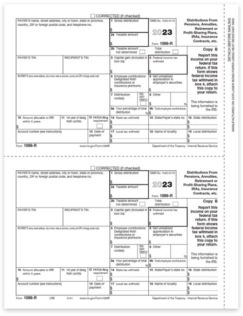 1099R Tax Forms for 2023, Copy B Recipient Federal Filing, Official Preprinted 1099-R Forms at Big Discounts, No Coupon Needed - DiscountTaxForms.com