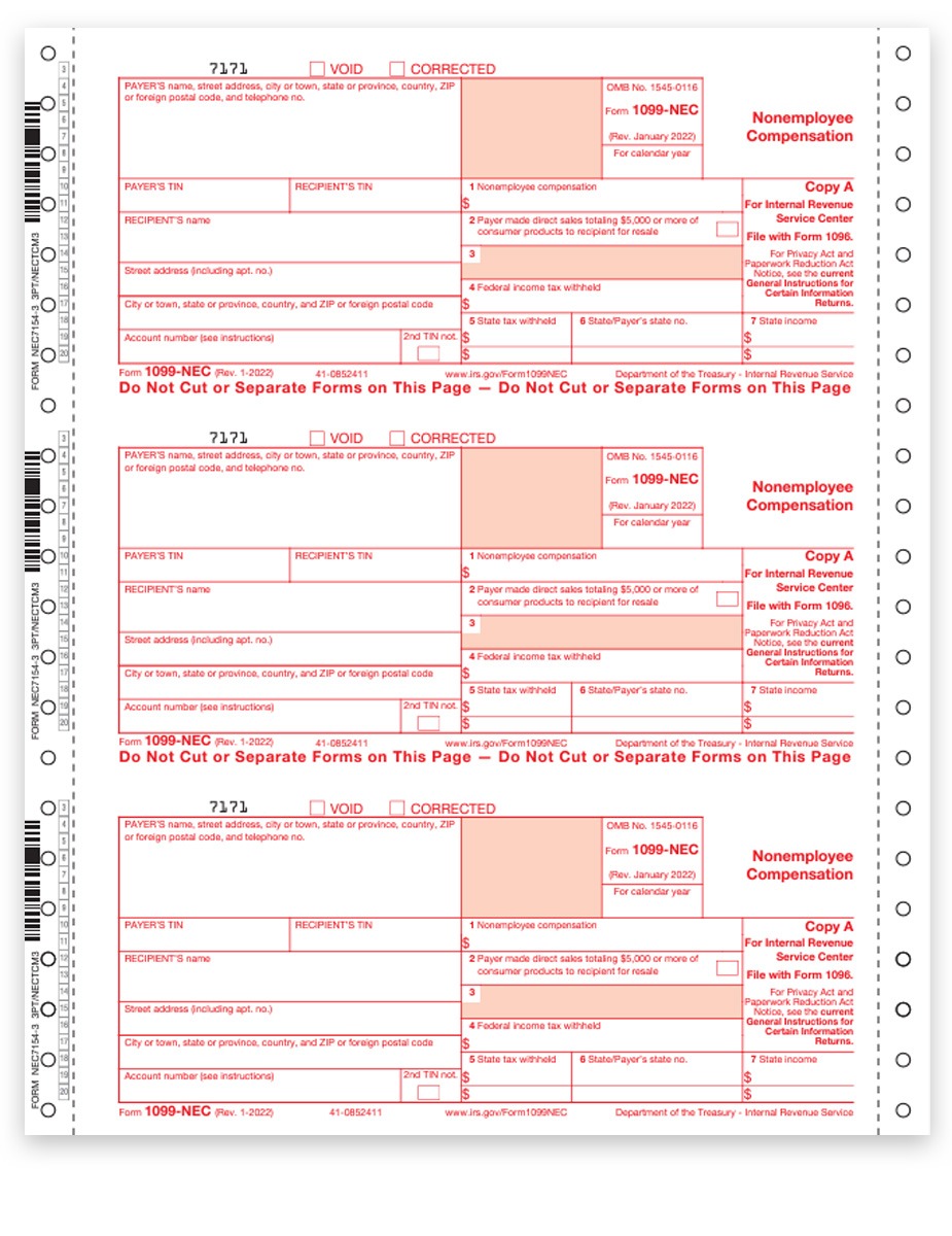 1099NEC Tax Forms Carbonless Continuous Multi-Part Forms for Pin-Fed Printers or Typewriters at Big Discounts, No Coupon Code Needed with The Tax Form Gals - DiscountTaxForms.com