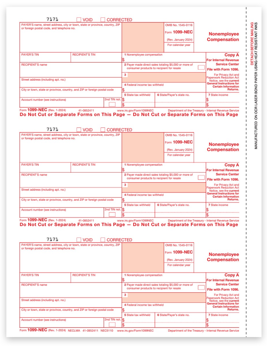 1099NEC Tax Forms, Copy A Payer Federal IRS Filing, Official Red Scannable Preprinted 1099-NEC Forms at Discounts, No Coupon Needed - DiscountTaxForms.com