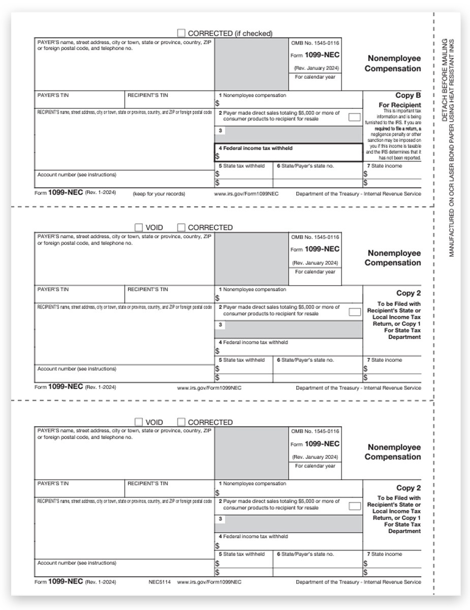 1099NEC Tax Form 3up Recipient Copies B-C-Extra for 2022 Non-Employee Compensation Reporting