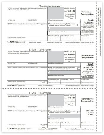1099NEC Tax Form 3up Recipient Copies B-C-Extra for 2022 Non-Employee Compensation Reporting
