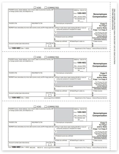 1099NEC Tax Forms, Copy C-1-2 Payer State, Local Filing or File Copy, Official Preprinted 1099-NEC Forms at Discounts, No Coupon Needed - DiscountTaxForms.com