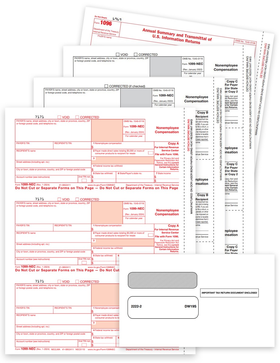 1099NEC Tax Form and Envelope Sets for Reporting Non-Employee Compensation at Big Discounts, No Coupon Needed with The Tax Form Gals - DiscountTaxForms.com